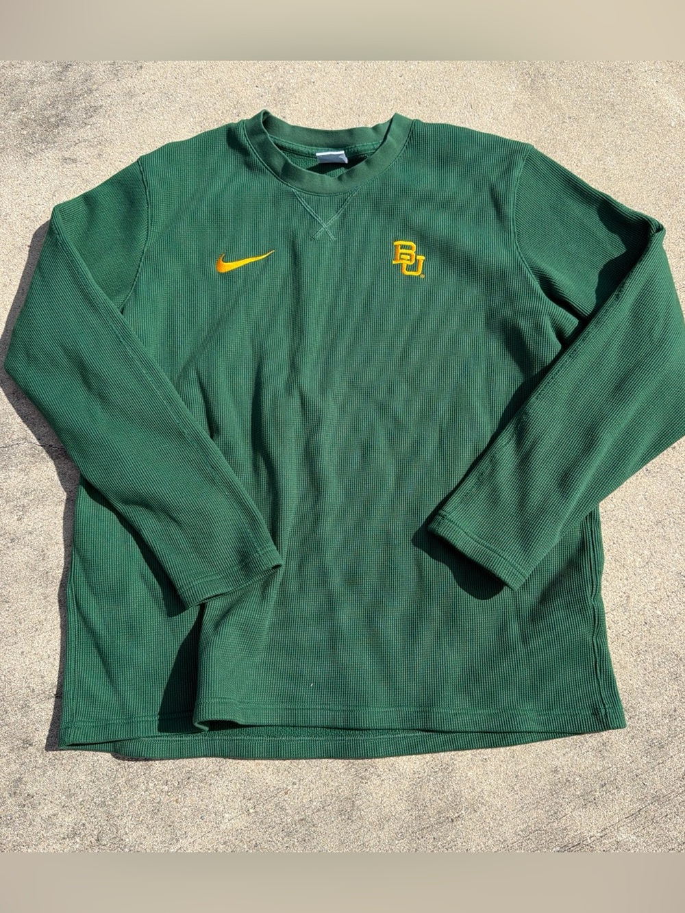 Nike Green Crew thermal long sleeve shirt with Yellow Baylor and Swoosh
